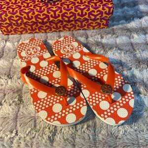 Tory Burch Vibrant Red /Orange and White Flip Flops size 6